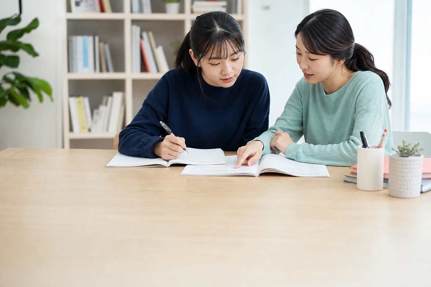 학생과 함께 공부 계획을 세우는 선생님